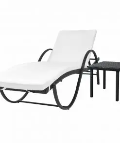 vidaXL Sun Lounger with Cushion & Table Poly Rattan Black