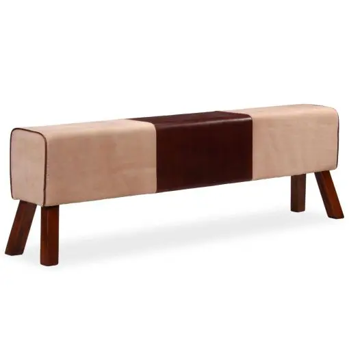 vidaXL Bench Genuine Leather and Canvas Beige and Brown 160x28x50 cm