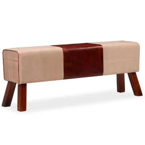 vidaXL Bench Genuine Leather and Canvas Beige and Brown 120x30x45 cm