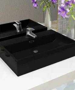 vidaXL Basin with Faucet Hole Ceramic Black 60.5×42.5×14.5 cm
