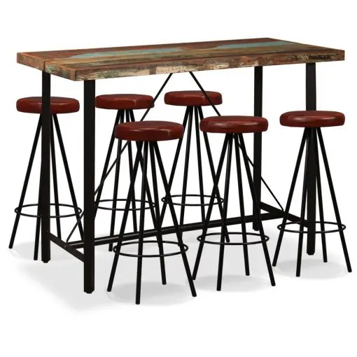 vidaXL 7 Piece Bar Set Solid Reclaimed Wood and Genuine Leather