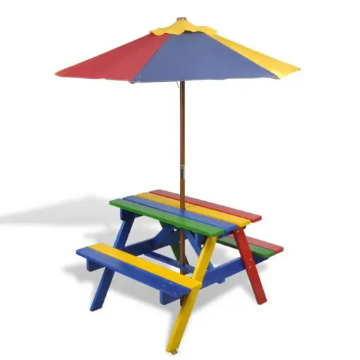 vidaXL Kids’ Picnic Table with Benches and Parasol Multicolour Wood