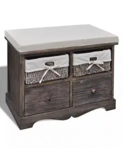 Brown Paulownia Wood Storage Bench 2 Weaving Baskets 2 Drawers