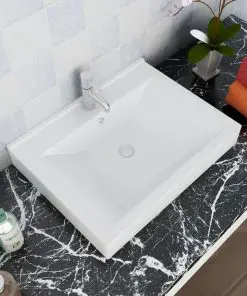 vidaXL Luxury Ceramic Basin Rectangular Sink White with Faucet Hole