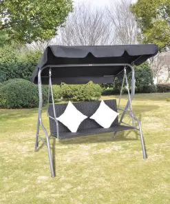 vidaXL Outdoor Hanging Rattan Swing Bench with a Canopy Black