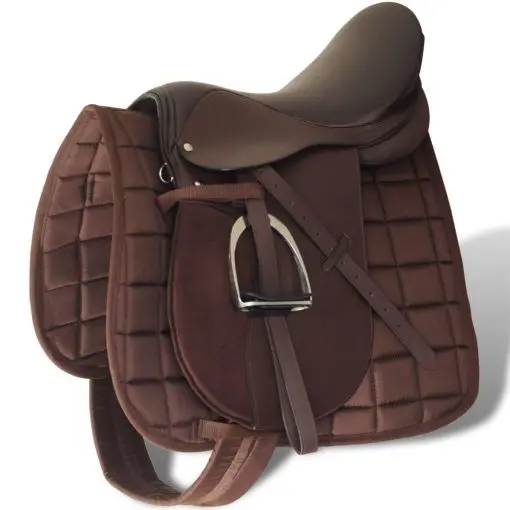 vidaXL Horse Riding Saddle Set 16″ Real Leather Brown 14 cm 5-in-1