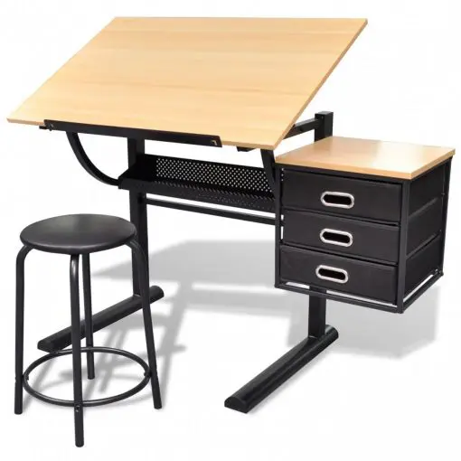 vidaXL Three Drawers Drawing Table with Stool