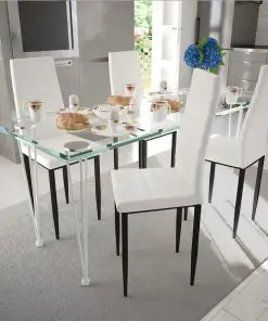 Dining Set White Slim Line Chair 4 pcs with 1 Glass Table
