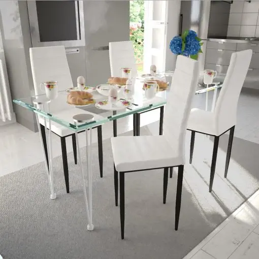 Dining Set White Slim Line Chair 4 pcs with 1 Glass Table