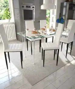 Dining Set White Slim Line Chair 6 pcs with 1 Glass Table