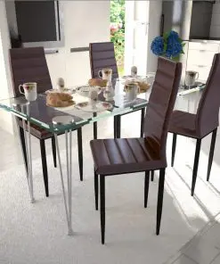 Dining Set Brown Slim Line Chair 4 pcs with 1 Glass Table