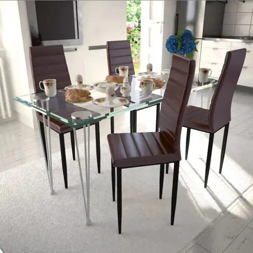 Dining Set Brown Slim Line Chair 4 pcs with 1 Glass Table