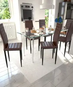 Dining Set Brown Slim Line Chair 6 pcs with 1 Glass Table