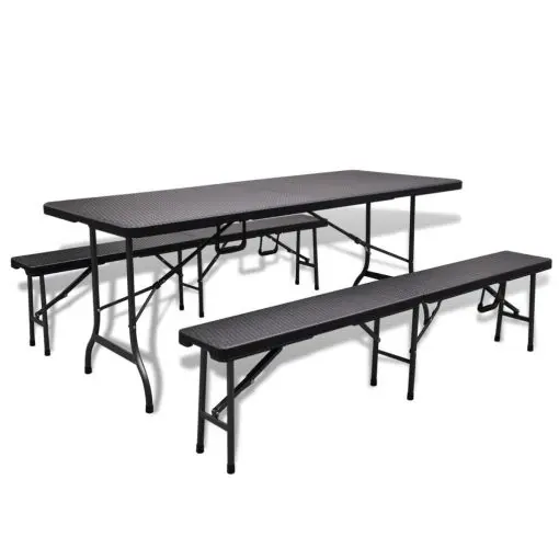 vidaXL Outdoor Table with 2 Benches HDPE Black Rattan Look
