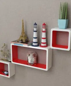 3 White-red MDF Floating Wall Display Shelf Cubes Book/DVD Storage