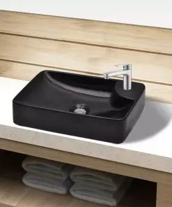 vidaXL Ceramic Bathroom Sink Basin with Faucet Hole Black