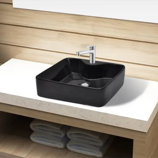 Ceramic Bathroom Sink Basin with Faucet Hole Black Square