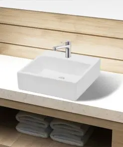 vidaXL Ceramic Bathroom Sink Basin with Faucet Hole White Square