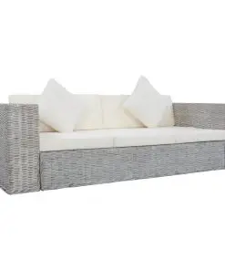 vidaXL 3-Seater Sofa with Cushions Grey Natural Rattan