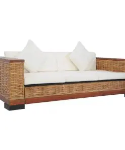 vidaXL 3-Seater Sofa with Cushions Brown Natural Rattan