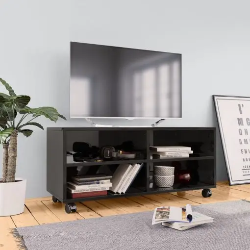 vidaXL TV Cabinet with Castors High Gloss Black 90x35x35 cm Chipboard