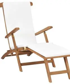 vidaXL Deck Chair with Cushion Cream White Solid Teak Wood