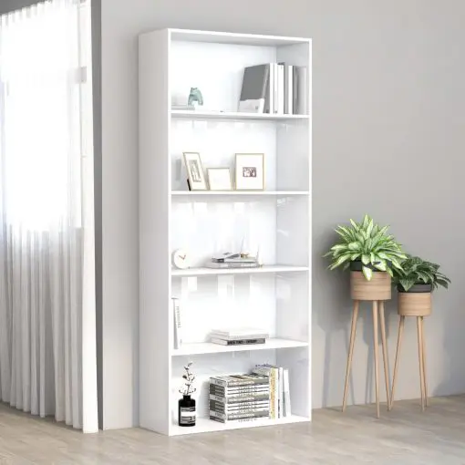 vidaXL 5-Tier Book Cabinet High Gloss White 80x30x189 cm Chipboard