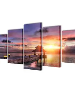 Canvas Wall Print Set Beach with Pavilion 200 x 100 cm