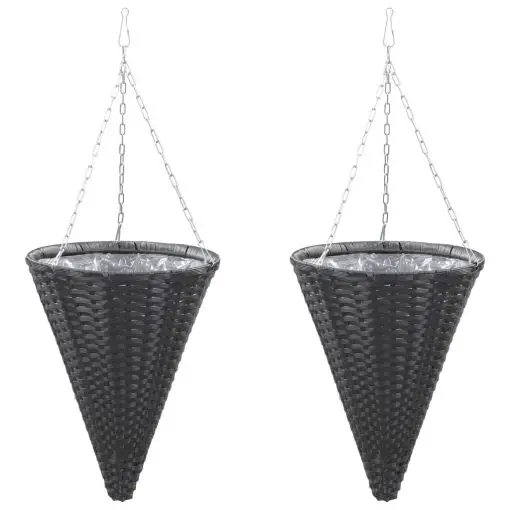 vidaXL Hanging Flower Baskets 2 pcs Poly Rattan Black