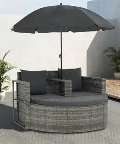 vidaXL 2 Seater Garden Sofa with Cushions and Parasol Grey Poly Rattan