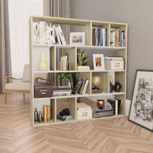 vidaXL Room Divider/Book Cabinet White and Sonoma Oak 110x24x110 cm Chipboard