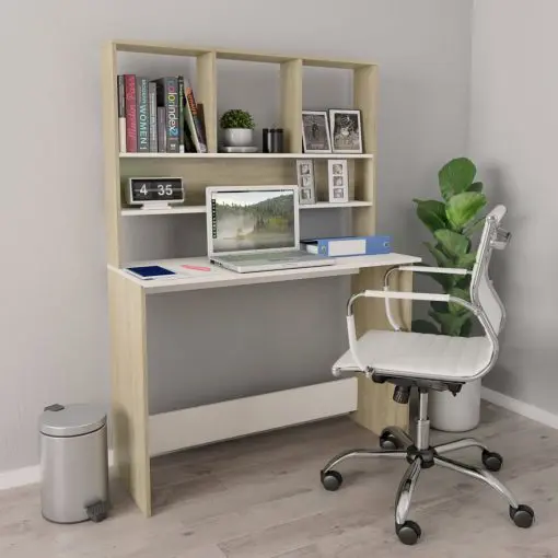 vidaXL Desk with Shelves White and Sonoma Oak 110x45x157 cm Chipboard