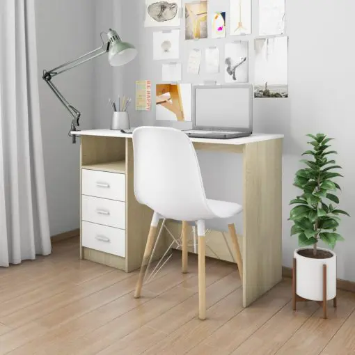 vidaXL Desk with Drawers White and Sonoma Oak 110x50x76 cm Chipboard