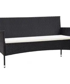 vidaXL 3-Seater Garden Sofa with Cushions Black Poly Rattan