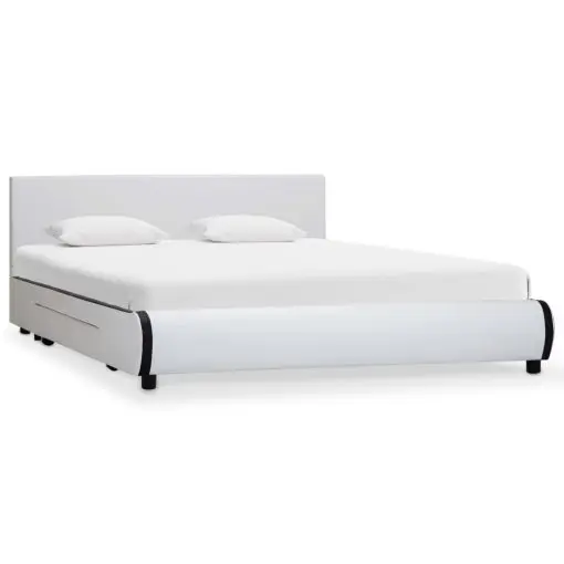 vidaXL Bed Frame with Drawers White Faux Leather 153×203 cm