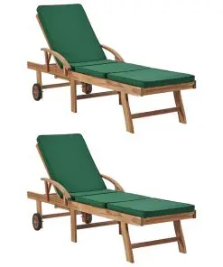 vidaXL Sun Loungers with Cushions 2 pcs Solid Teak Wood Green