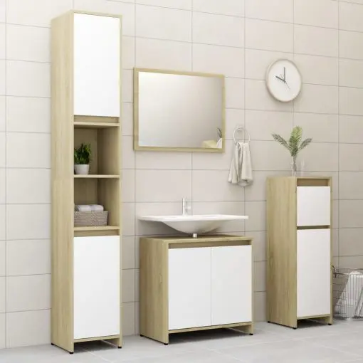 vidaXL 4 Piece Bathroom Furniture Set White and Sonoma Oak Chipboard