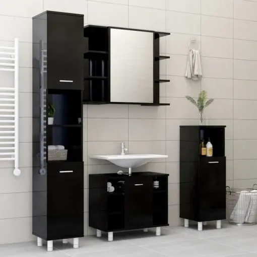 vidaXL 4 Piece Bathroom Furniture Set High Gloss Black Chipboard